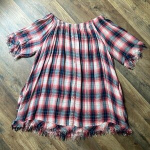 Easel Flannel/Fringe Top- Large- Rose/Navy Flannel